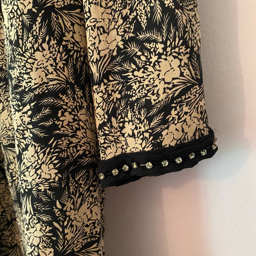 3.1 Phillip Lim Black Tan Floral Beaded Neck Silk 3/4 Sleeve Shift Dress size 2 - Picture 4 of 11